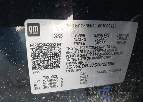2025 Chevrolet Suburban 4Wd Z71 from USA, damaged, VIN 1GNS6DRD7SR228586
